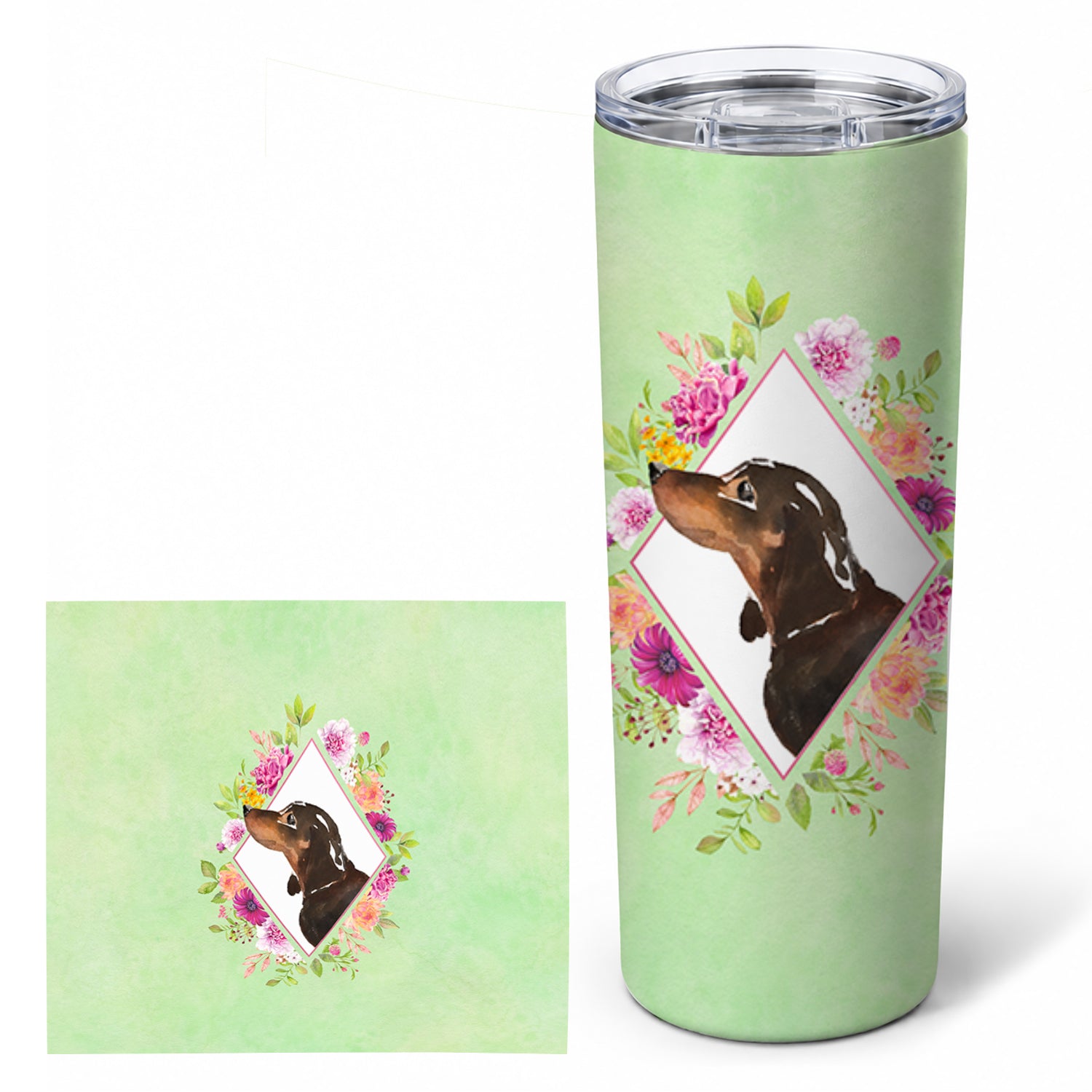Black and Tan Dachshund Green Flowers Stainless Steel Skinny Tumbler 20 oz Vacuum Double Walled Reusable Insulated Travel Cup