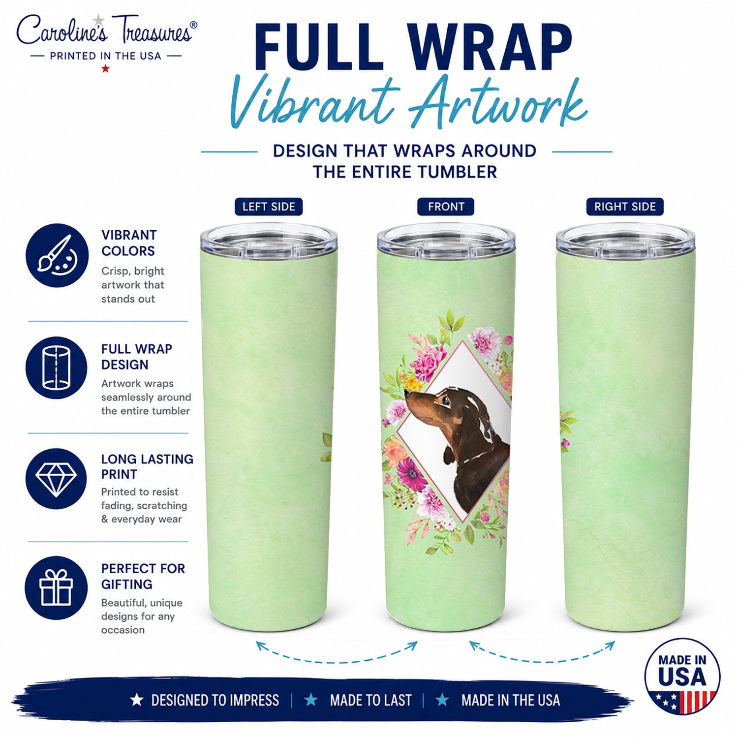 Black and Tan Dachshund Green Flowers Stainless Steel Skinny Tumbler 20 oz Vacuum Double Walled Reusable Insulated Travel Cup