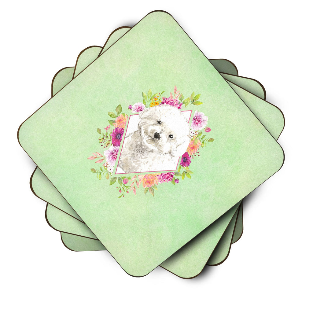 Bichon Frise Green Flowers Foam Coasters Set of 4 Cup Coasters for Indoor Outdoor, Tabletop Protection, Anti Slip, Mouse pad Material