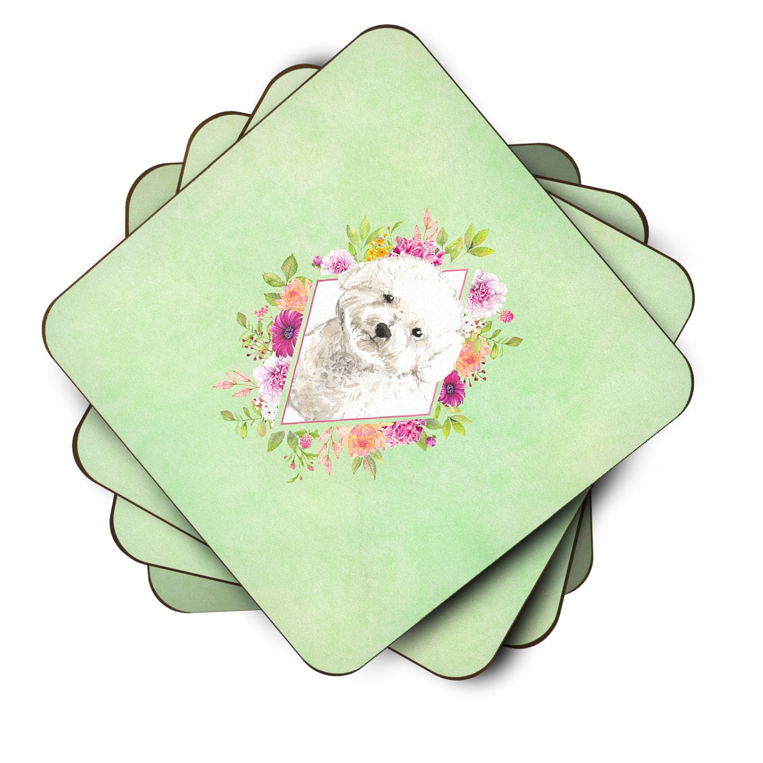 Bichon Frise Green Flowers Foam Coasters Set of 4 Cup Coasters for Indoor Outdoor, Tabletop Protection, Anti Slip, Mouse pad Material