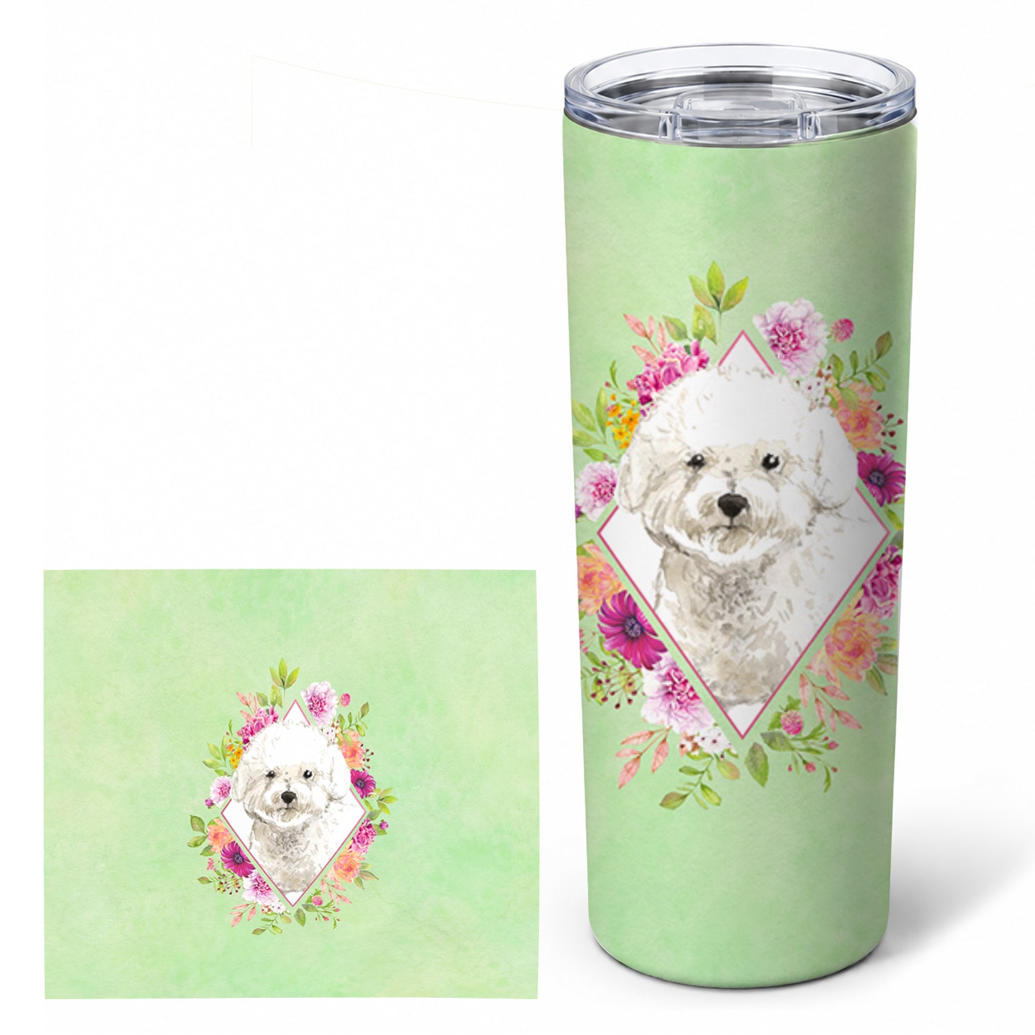 Bichon Frise Green Flowers Stainless Steel Skinny Tumbler 20 oz Vacuum Double Walled Reusable Insulated Travel Cup