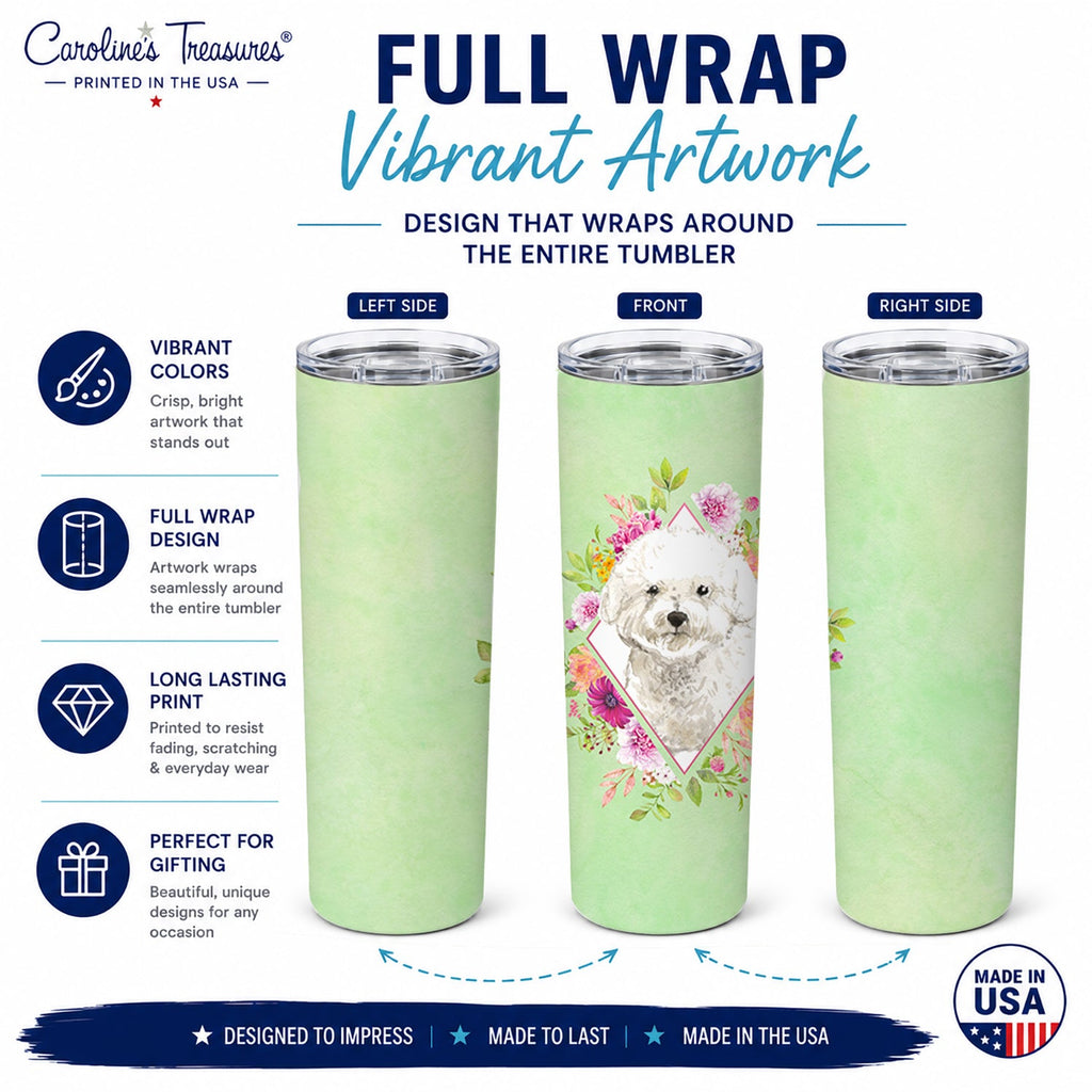 Bichon Frise Green Flowers Stainless Steel Skinny Tumbler 20 oz Vacuum Double Walled Reusable Insulated Travel Cup