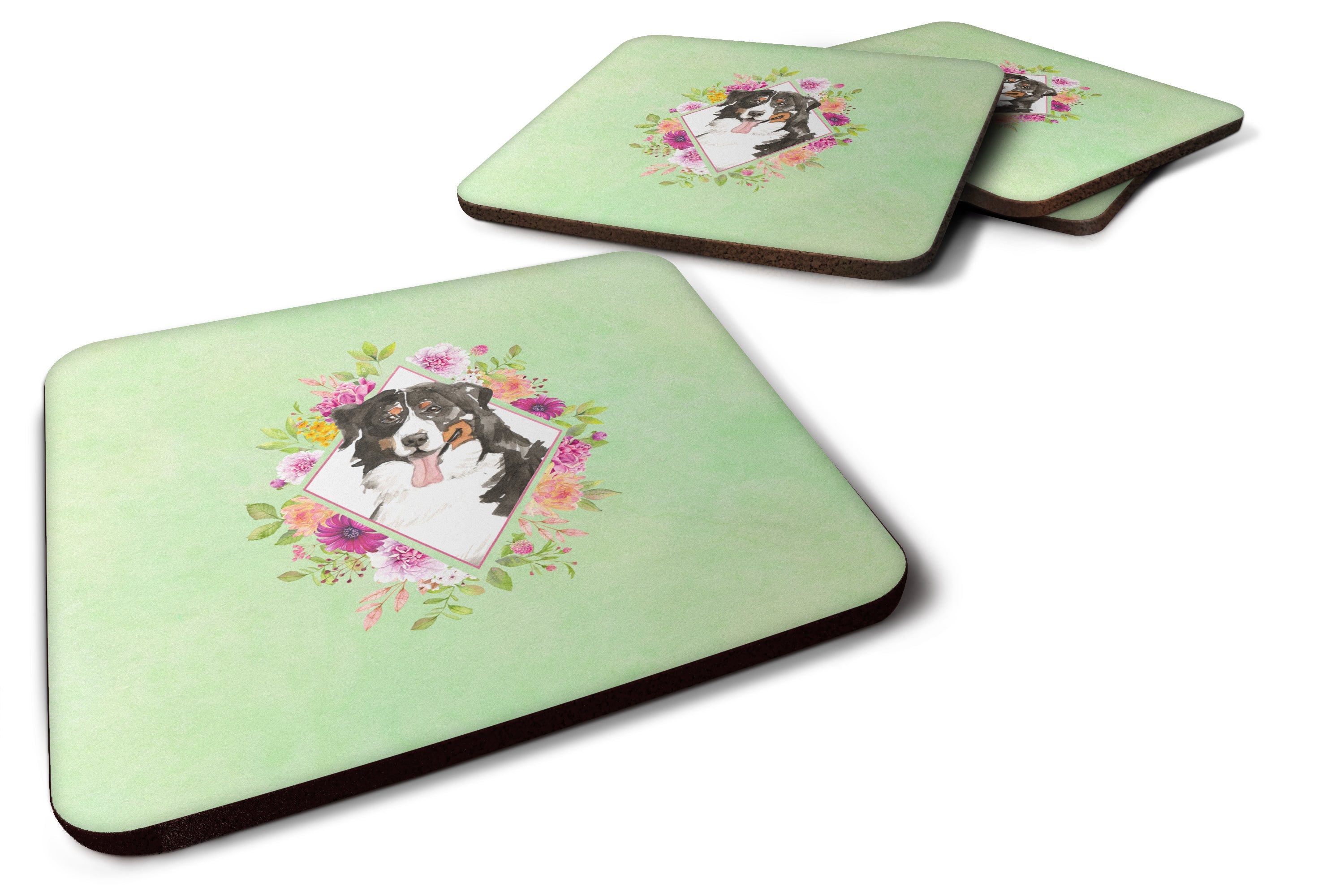 Bernese Mountain Dog Green Flowers Foam Coasters Set of 4 Cup Coasters for Indoor Outdoor, Tabletop Protection, Anti Slip, Mouse pad Material
