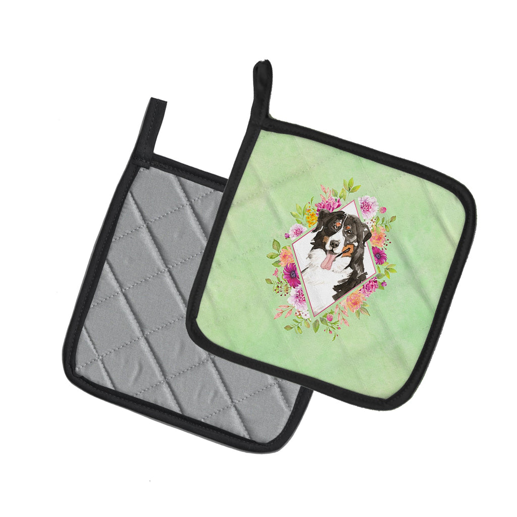 Bernese Mountain Dog Green Flowers Pot Holder Set of 2 Heat Resistant Quilted Hot Pads 7.5 x 7.5 Inch, Insulated Kitchen Trivets for Cooking & Baking