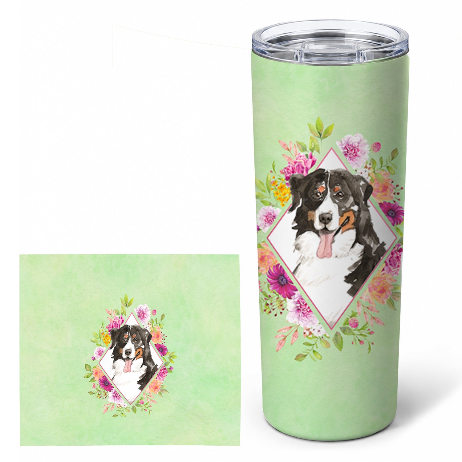 Bernese Mountain Dog Green Flowers Stainless Steel Skinny Tumbler 20 oz Vacuum Double Walled Reusable Insulated Travel Cup