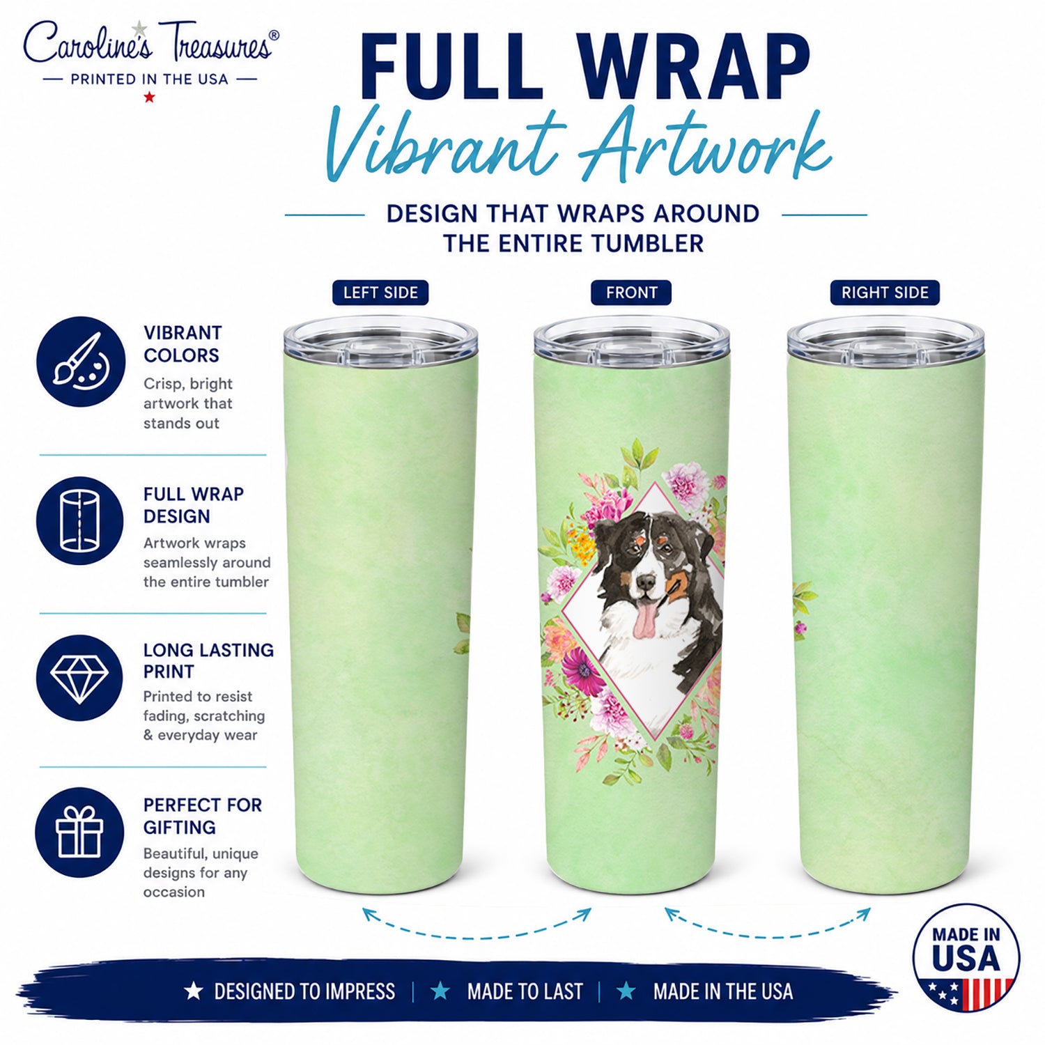 Bernese Mountain Dog Green Flowers Stainless Steel Skinny Tumbler 20 oz Vacuum Double Walled Reusable Insulated Travel Cup