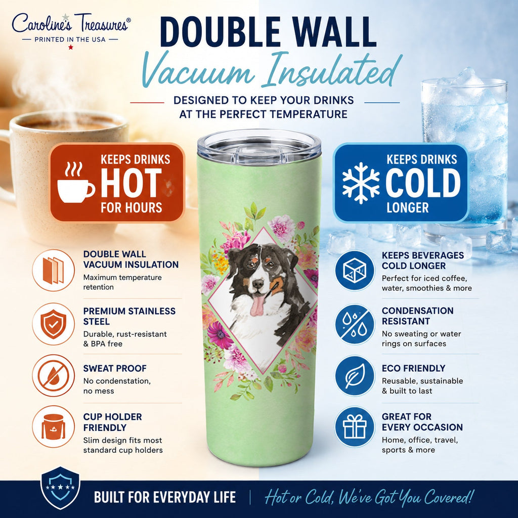 Bernese Mountain Dog Green Flowers Stainless Steel Skinny Tumbler 20 oz Vacuum Double Walled Reusable Insulated Travel Cup