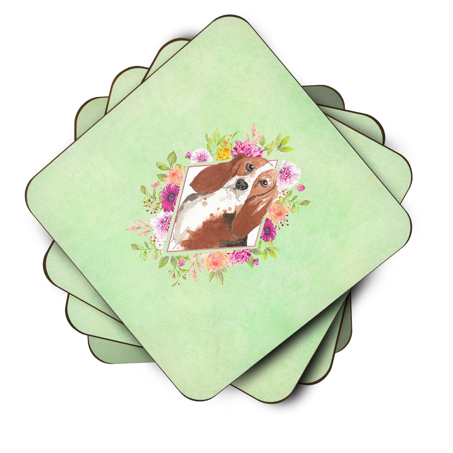 Basset Hound Green Flowers Foam Coasters Set of 4 Cup Coasters for Indoor Outdoor, Tabletop Protection, Anti Slip, Mouse pad Material