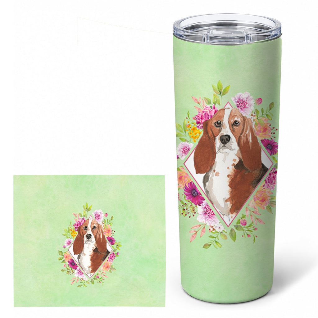 Basset Hound Green Flowers Stainless Steel Skinny Tumbler 20 oz Vacuum Double Walled Reusable Insulated Travel Cup