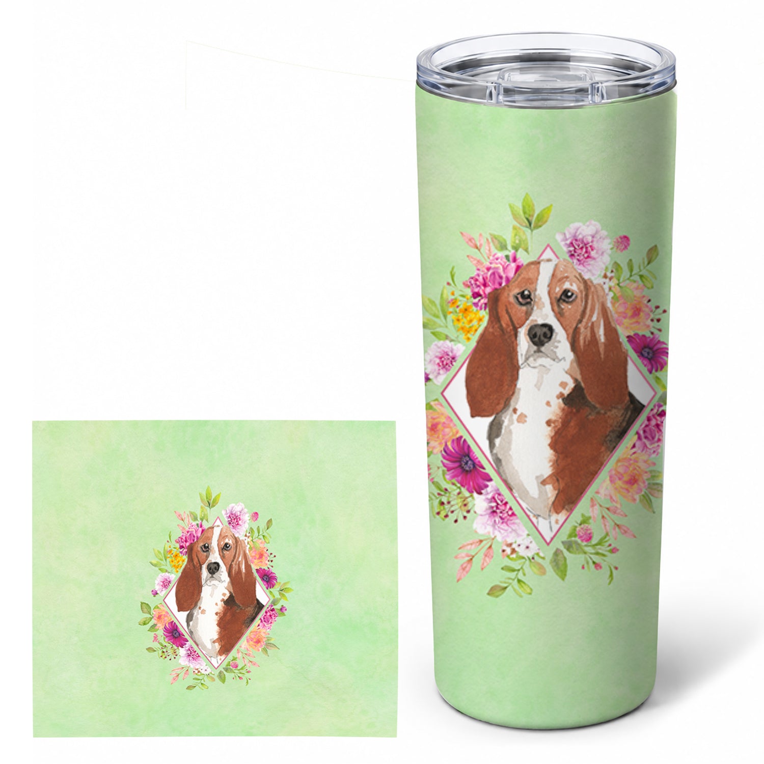 Basset Hound Green Flowers Stainless Steel Skinny Tumbler 20 oz Vacuum Double Walled Reusable Insulated Travel Cup