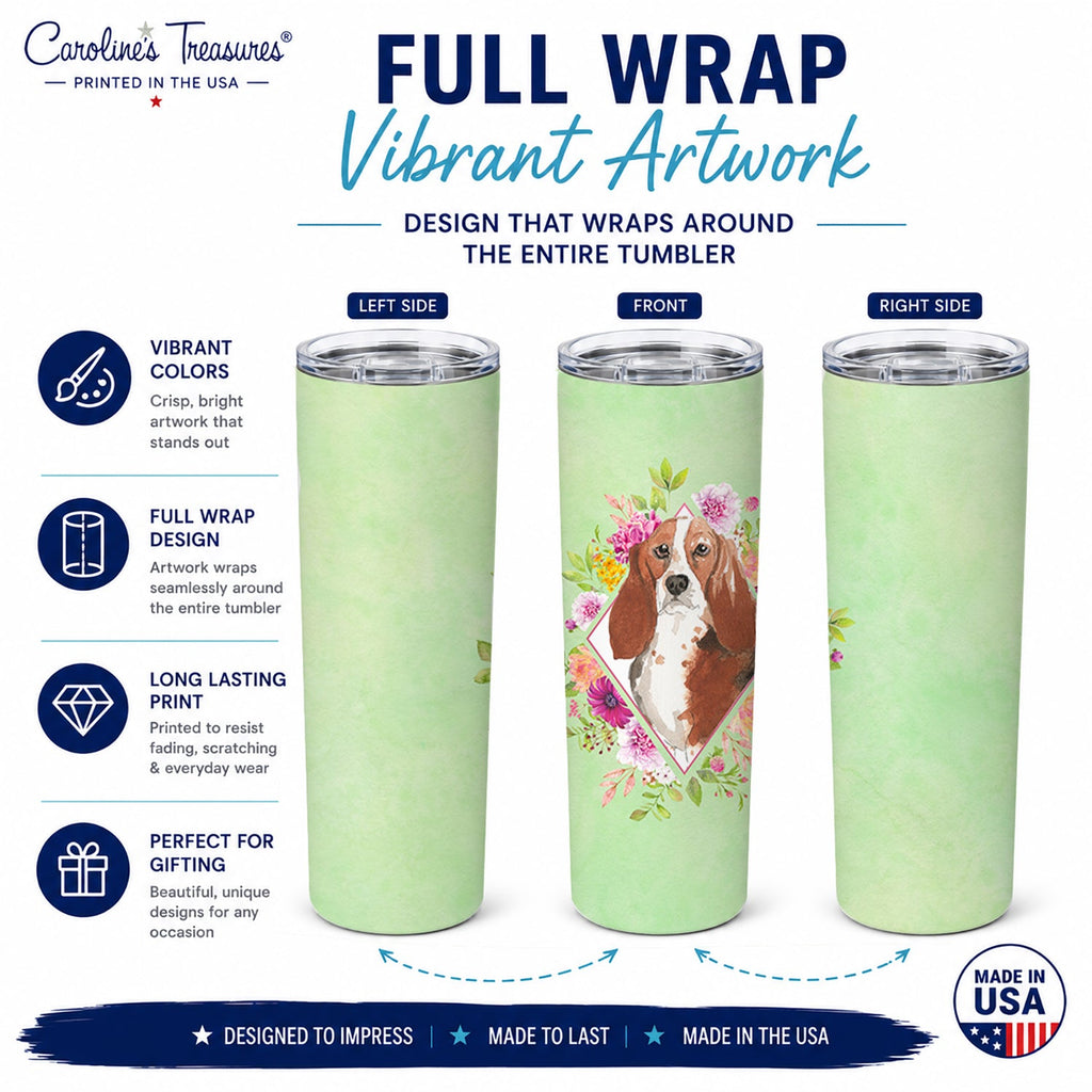 Basset Hound Green Flowers Stainless Steel Skinny Tumbler 20 oz Vacuum Double Walled Reusable Insulated Travel Cup