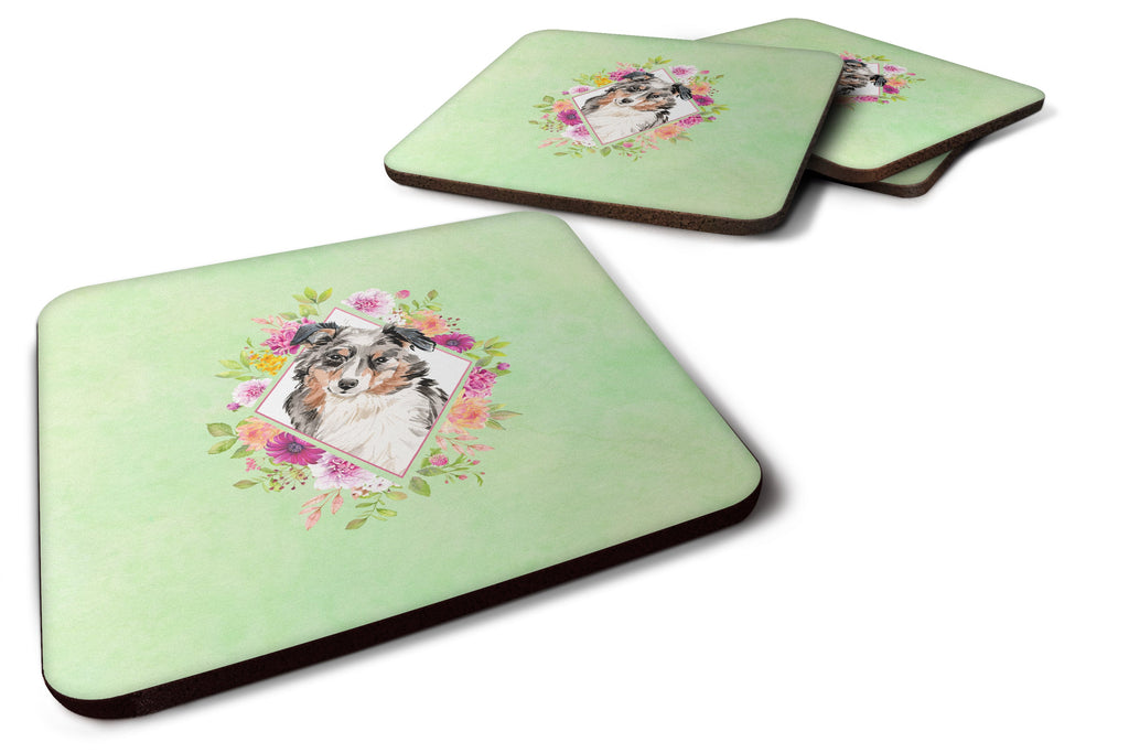 Australian Shepherd Green Flowers Foam Coasters Set of 4 Cup Coasters for Indoor Outdoor, Tabletop Protection, Anti Slip, Mouse pad Material