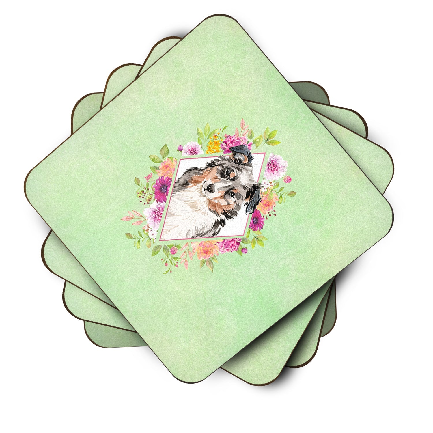 Australian Shepherd Green Flowers Foam Coasters Set of 4 Cup Coasters for Indoor Outdoor, Tabletop Protection, Anti Slip, Mouse pad Material