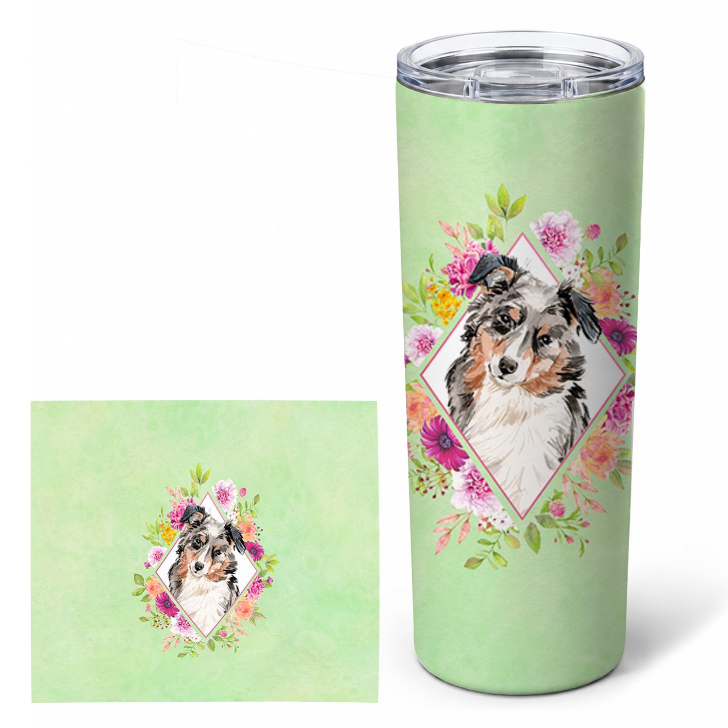Australian Shepherd Green Flowers Stainless Steel Skinny Tumbler 20 oz Vacuum Double Walled Reusable Insulated Travel Cup
