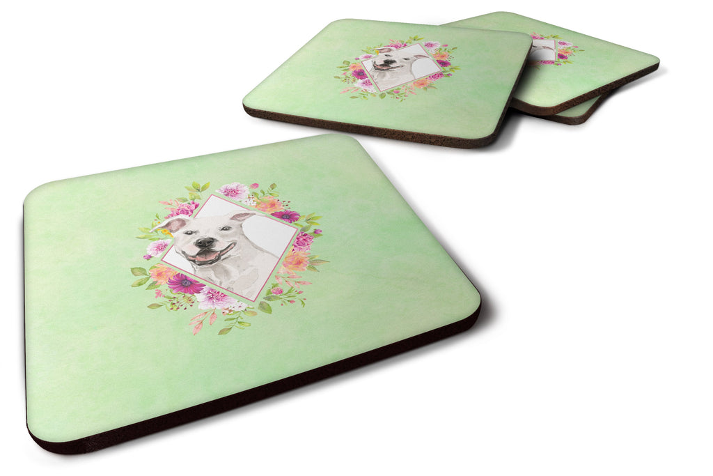 White Pit Bull Terrier Green Flowers Foam Coasters Set of 4 Cup Coasters for Indoor Outdoor, Tabletop Protection, Anti Slip, Mouse pad Material