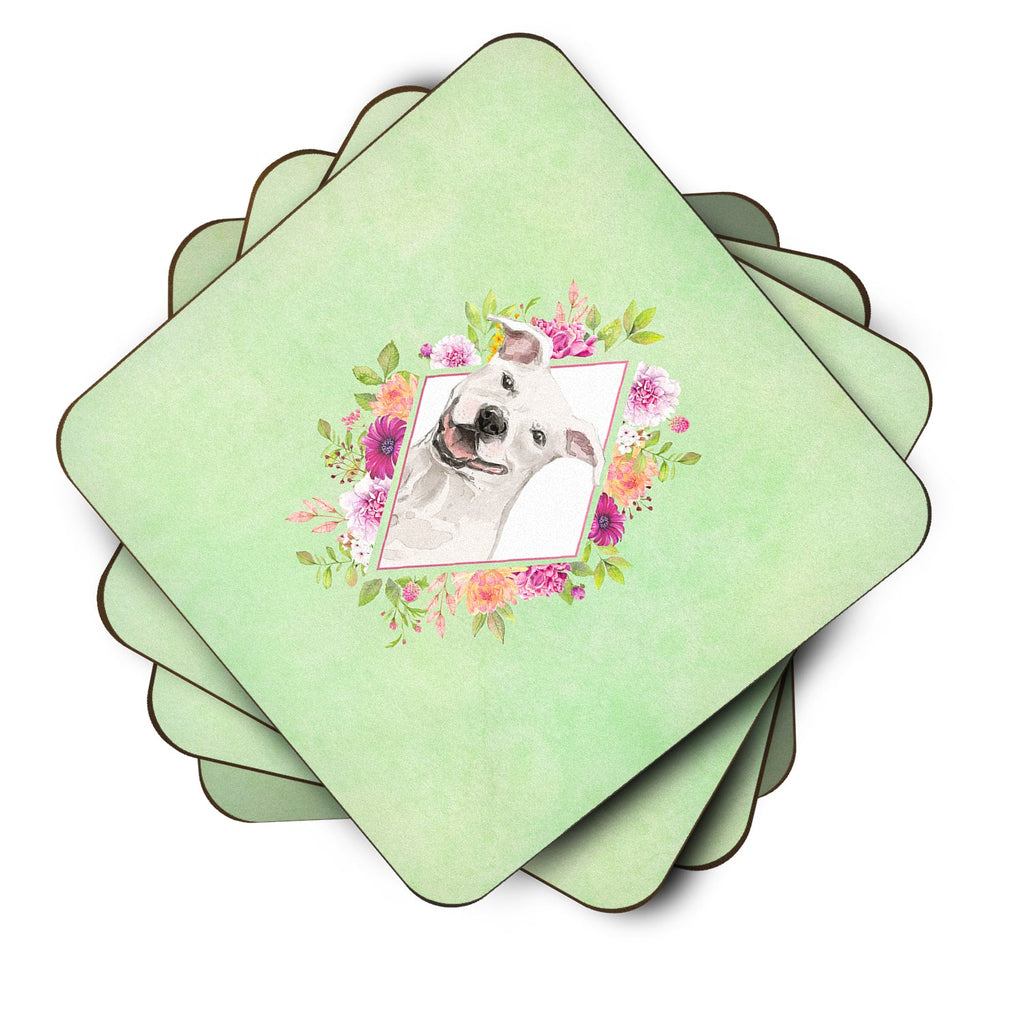 White Pit Bull Terrier Green Flowers Foam Coasters Set of 4 Cup Coasters for Indoor Outdoor, Tabletop Protection, Anti Slip, Mouse pad Material