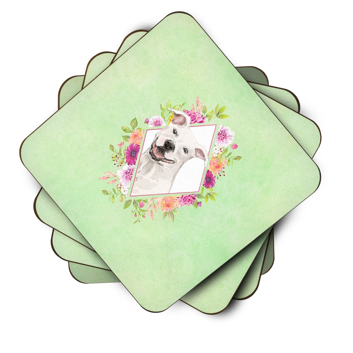 White Pit Bull Terrier Green Flowers Foam Coasters Set of 4 Cup Coasters for Indoor Outdoor, Tabletop Protection, Anti Slip, Mouse pad Material