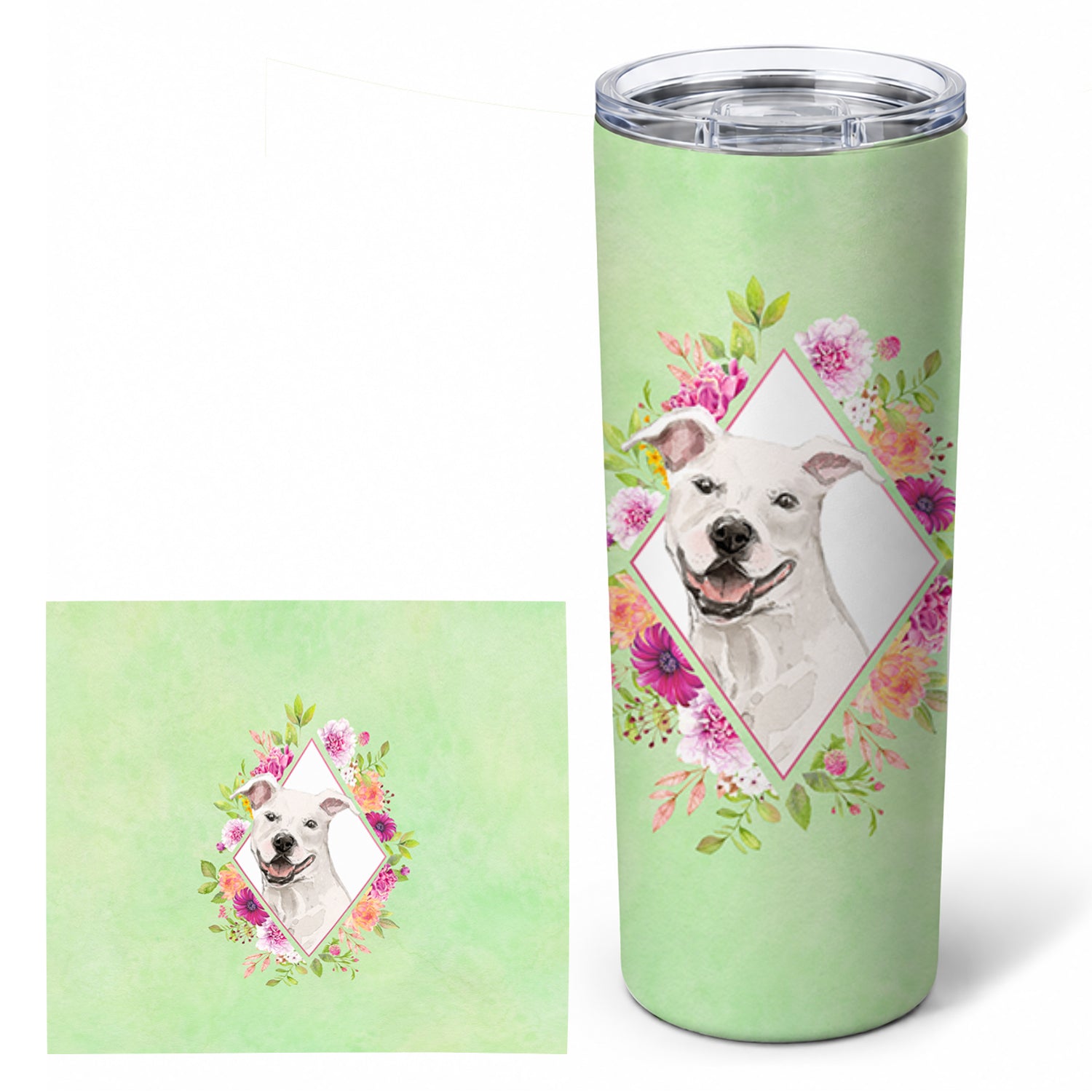 White Pit Bull Terrier Green Flowers Stainless Steel Skinny Tumbler 20 oz Vacuum Double Walled Reusable Insulated Travel Cup