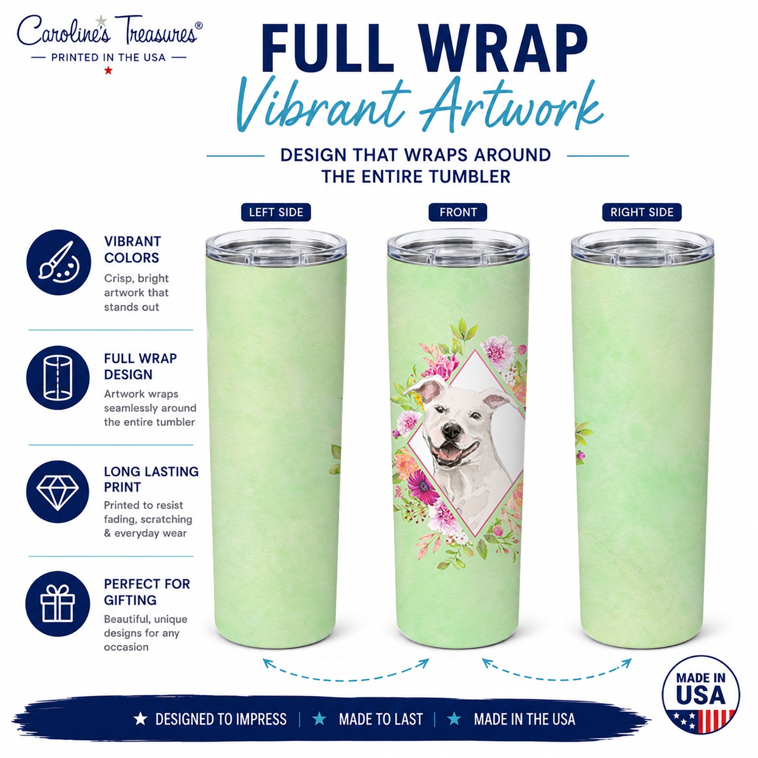 White Pit Bull Terrier Green Flowers Stainless Steel Skinny Tumbler 20 oz Vacuum Double Walled Reusable Insulated Travel Cup