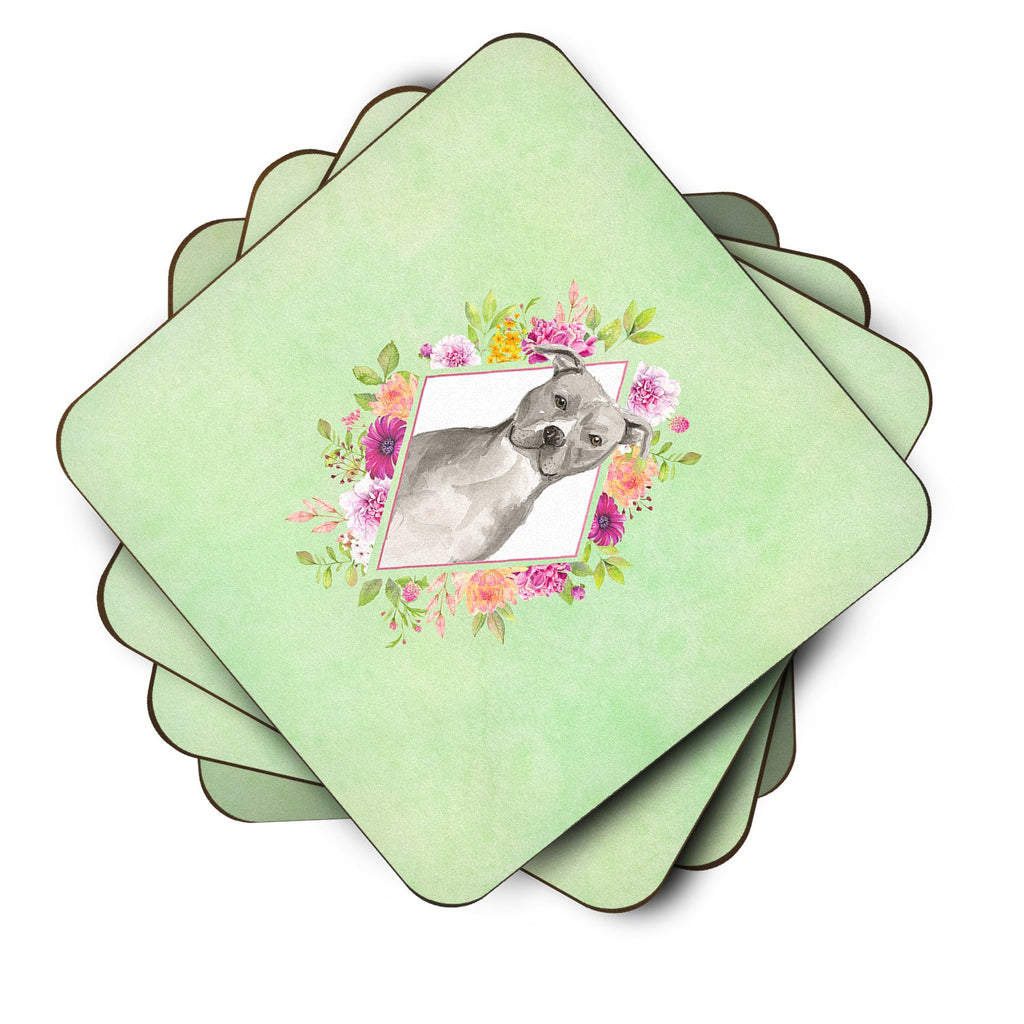 Blue Pit Bull Terrier Green Flowers Foam Coasters Set of 4 Cup Coasters for Indoor Outdoor, Tabletop Protection, Anti Slip, Mouse pad Material