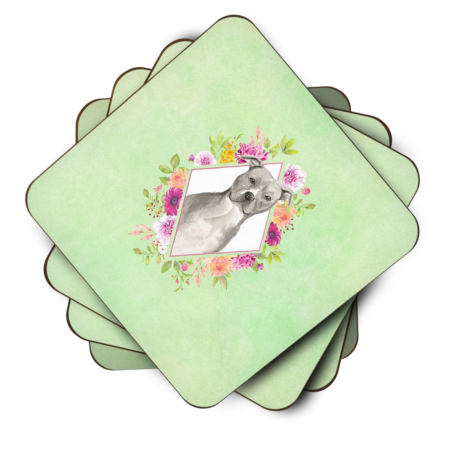 Blue Pit Bull Terrier Green Flowers Foam Coasters Set of 4 Cup Coasters for Indoor Outdoor, Tabletop Protection, Anti Slip, Mouse pad Material