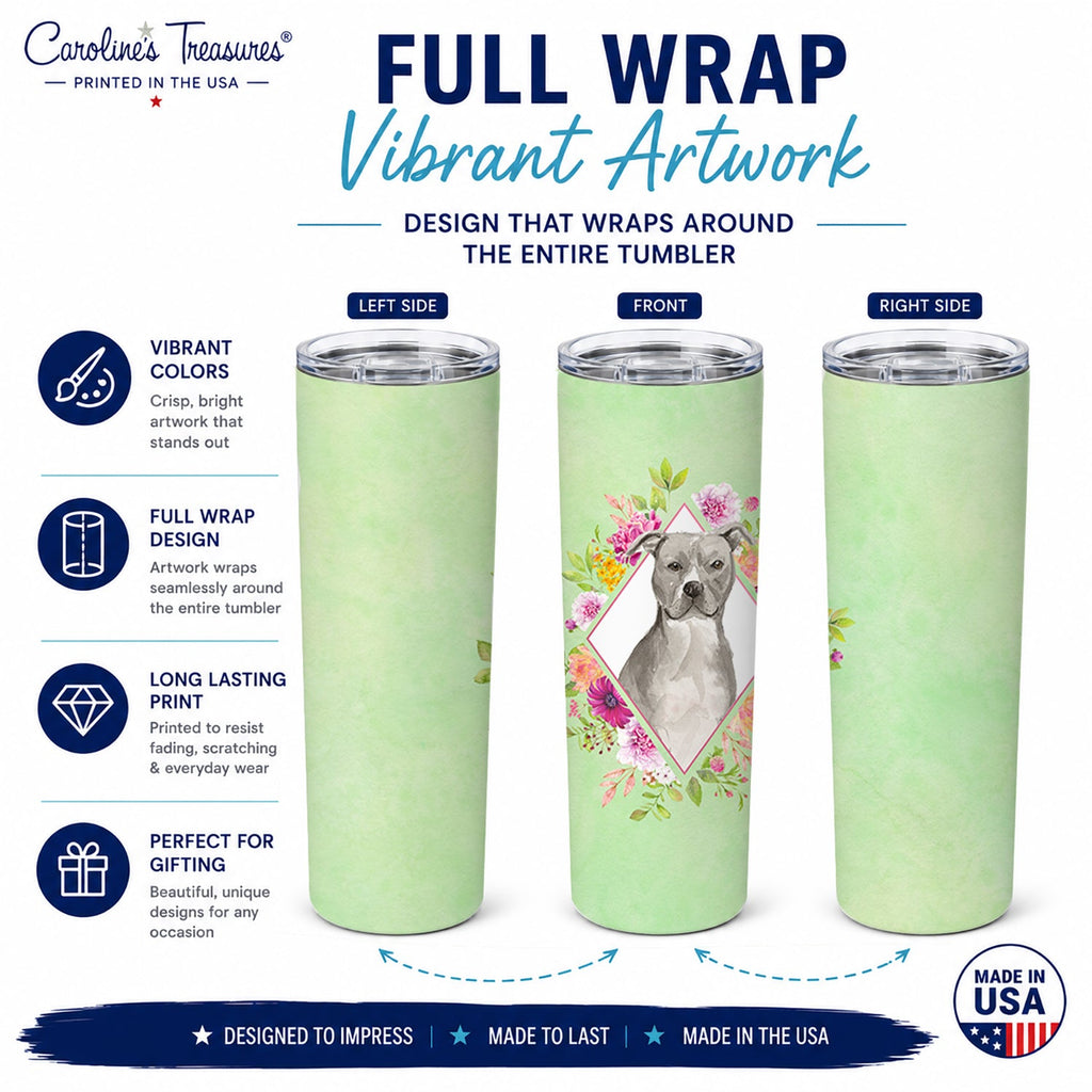 Blue Pit Bull Terrier Green Flowers Stainless Steel Skinny Tumbler 20 oz Vacuum Double Walled Reusable Insulated Travel Cup