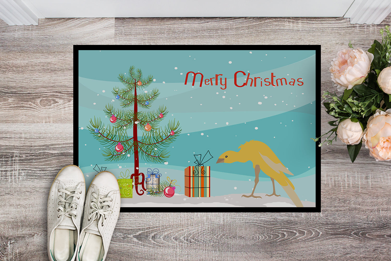 Belgian Hunchback Canary Merry Christmas Doormat Indoor Outdoor 18H X 27W Front Door Mat Rugs for Entryway, Non Slip Washable