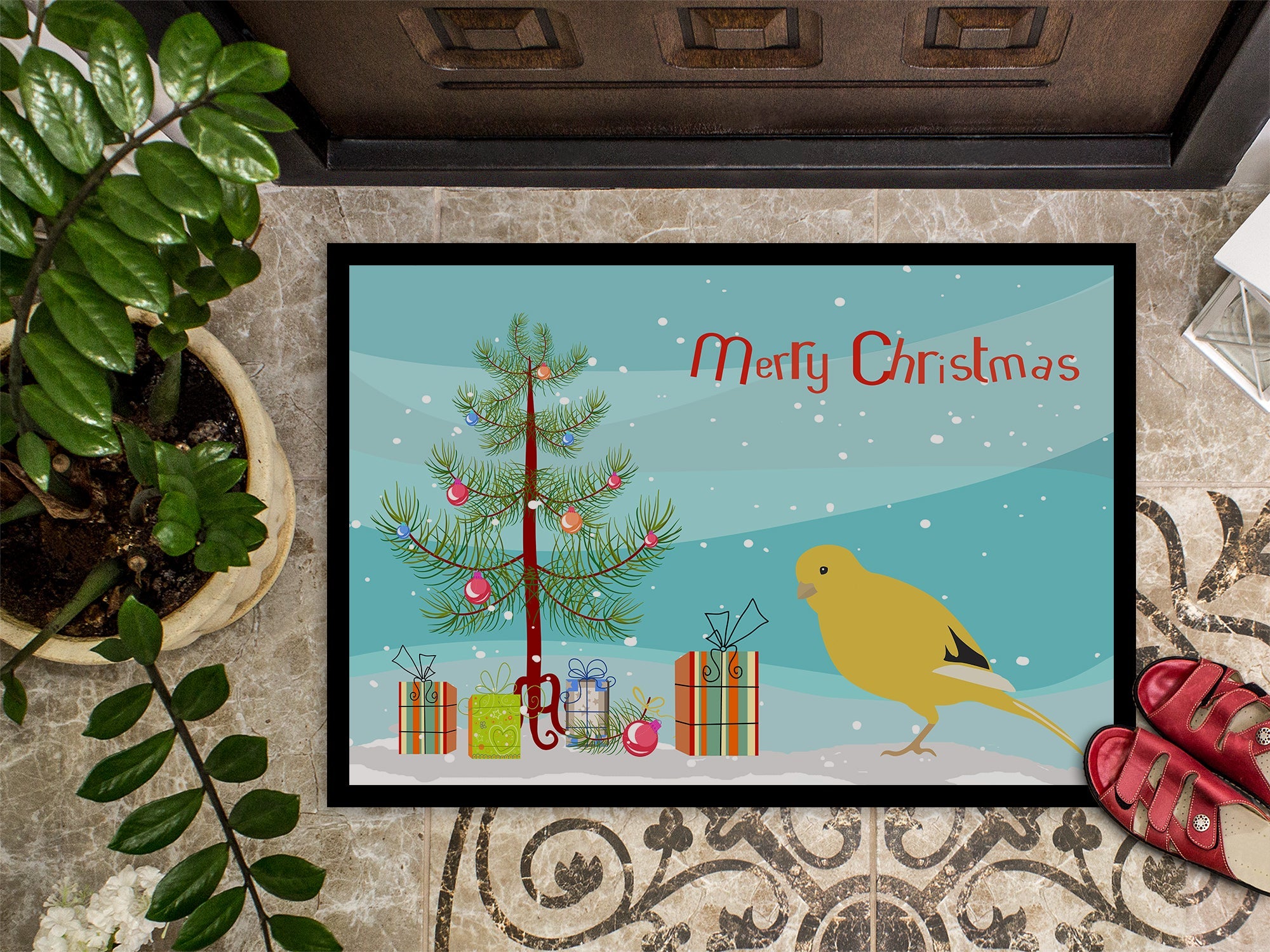 Border Canary Merry Christmas Doormat Indoor Outdoor 24H X 36W Front Door Mat Rugs for Entryway, Non Slip Washable Low Pile,