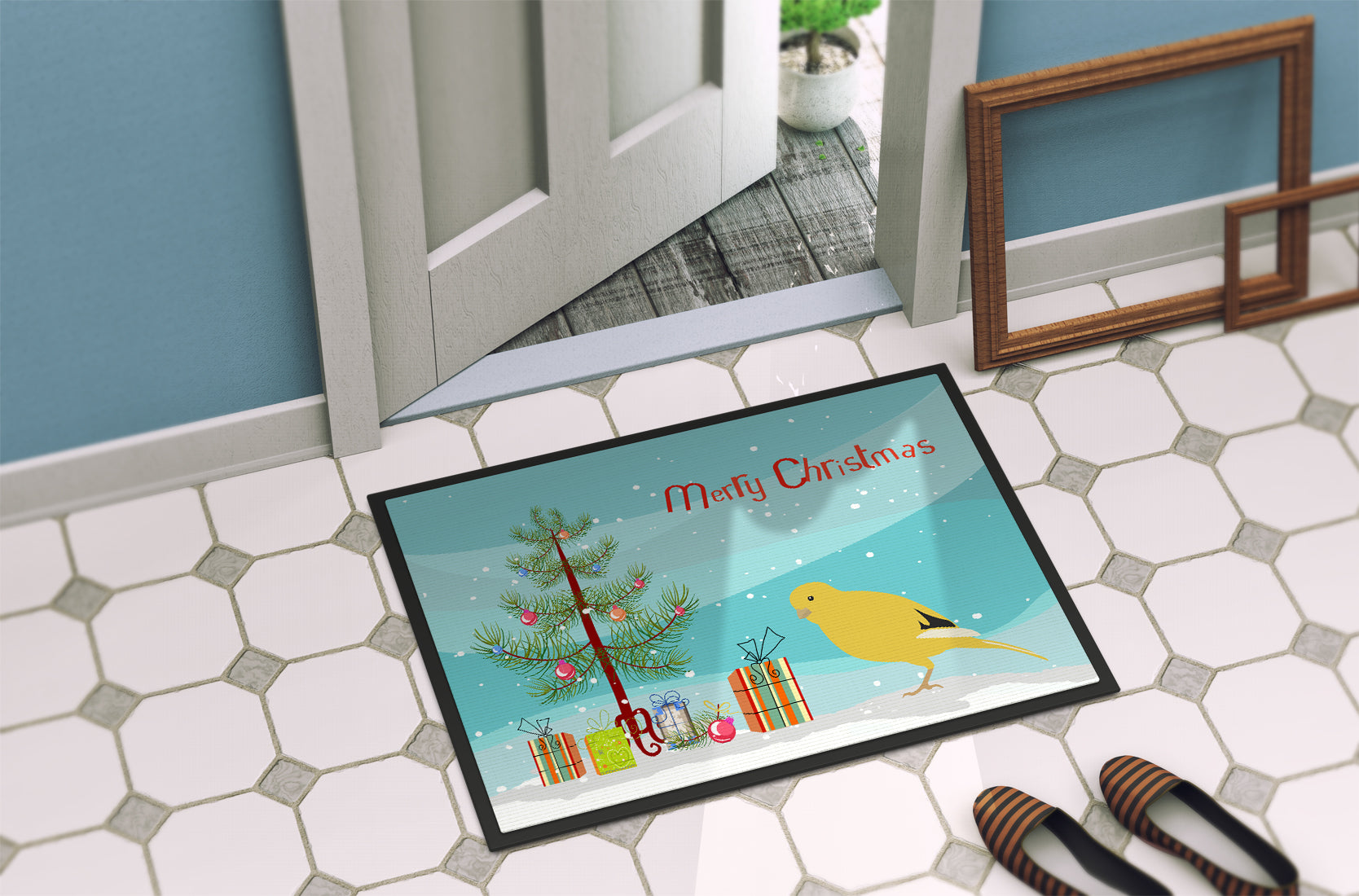 Border Canary Merry Christmas Doormat Indoor Outdoor 24H X 36W Front Door Mat Rugs for Entryway, Non Slip Washable Low Pile,