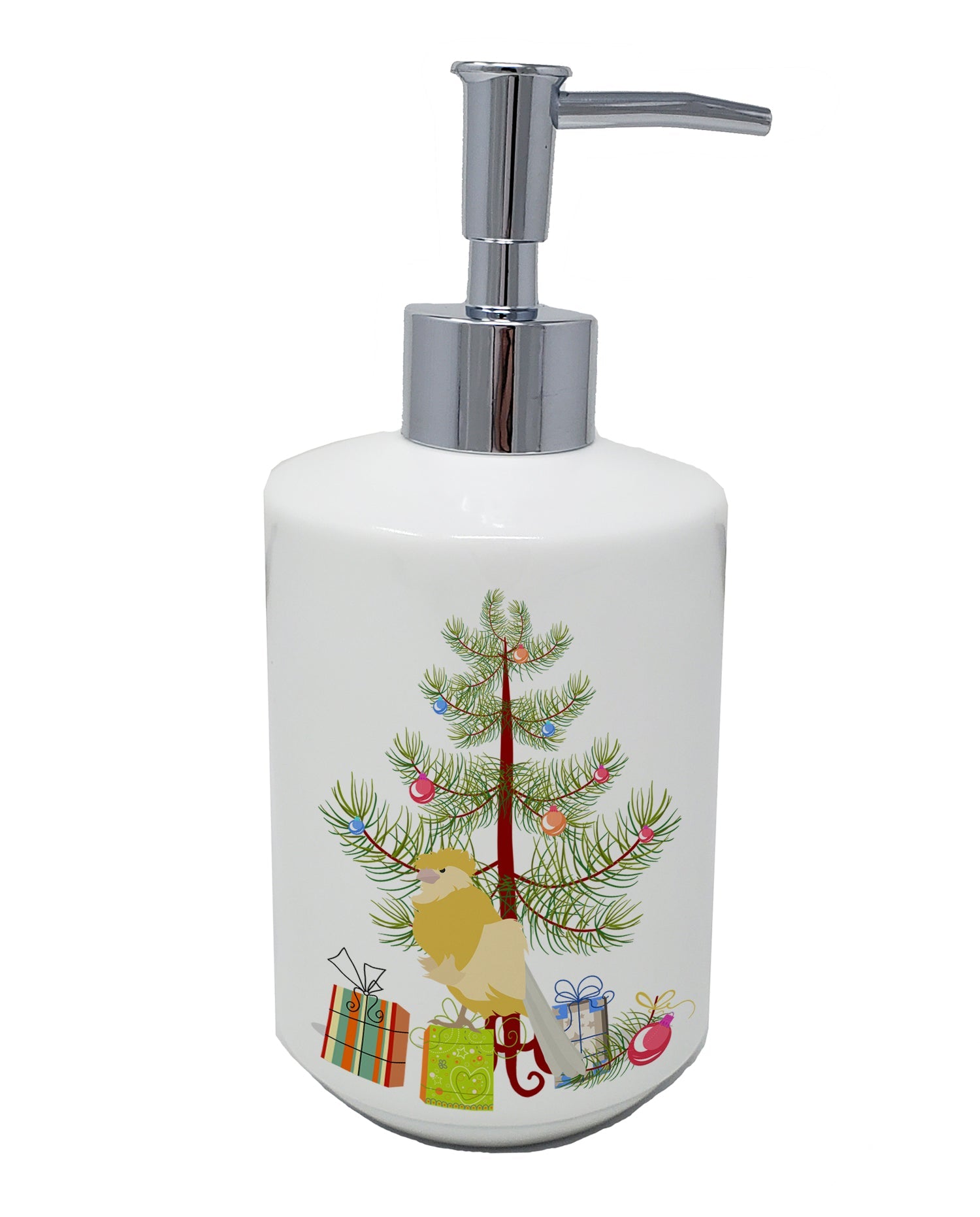 French Curly Canary Merry Christmas Ceramic Soap Dispenser , Empty Refillable Hand Soap Pump Bottle for Bathroom Kitchen