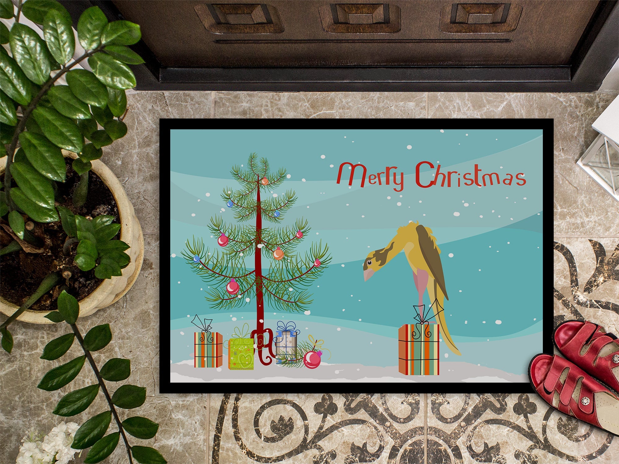 Jibso Canary Merry Christmas Doormat Indoor Outdoor 18H X 27W Front Door Mat Rugs for Entryway, Non Slip Washable