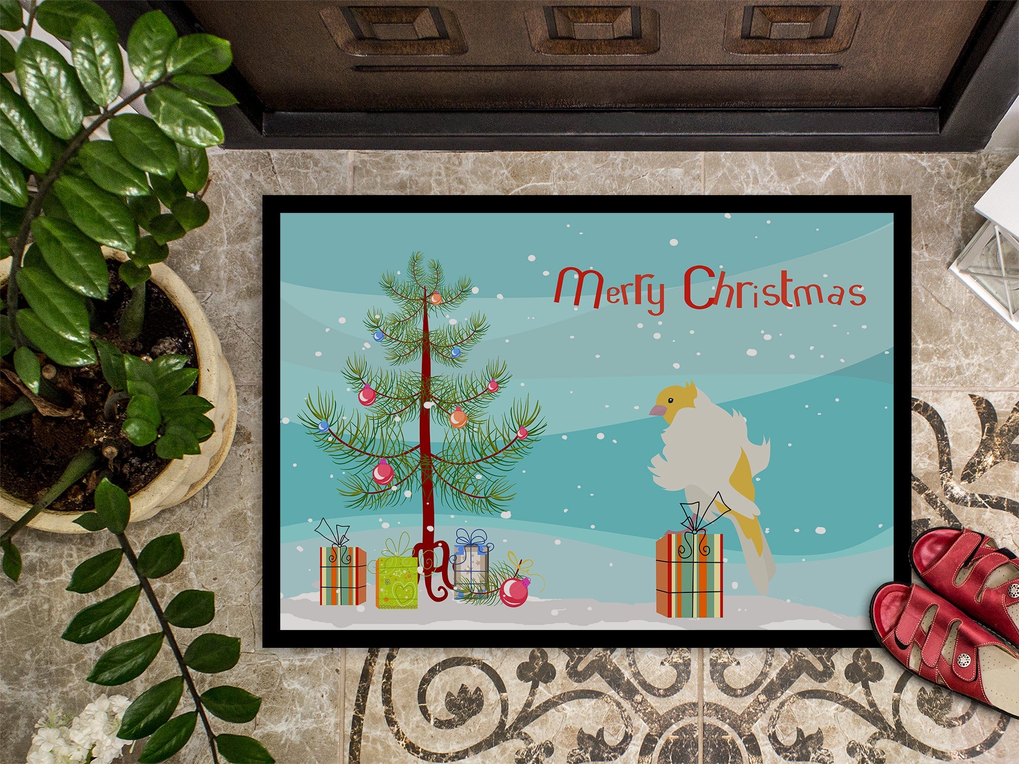 Parisian Trumpeter Canary Merry Christmas Doormat Indoor Outdoor 24H X 36W Front Door Mat Rugs for Entryway, Non Slip Washable Low Pile,