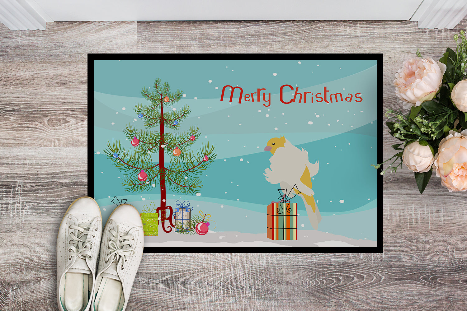 Parisian Trumpeter Canary Merry Christmas Doormat Indoor Outdoor 18H X 27W Front Door Mat Rugs for Entryway, Non Slip Washable