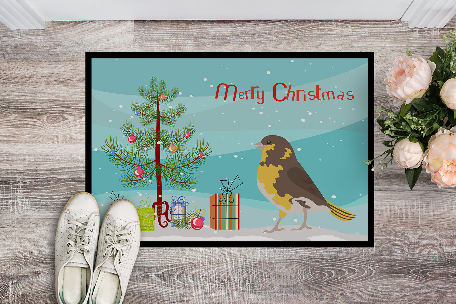 Spanish Canary Merry Christmas Doormat Indoor Outdoor 24H X 36W Front Door Mat Rugs for Entryway, Non Slip Washable Low Pile,