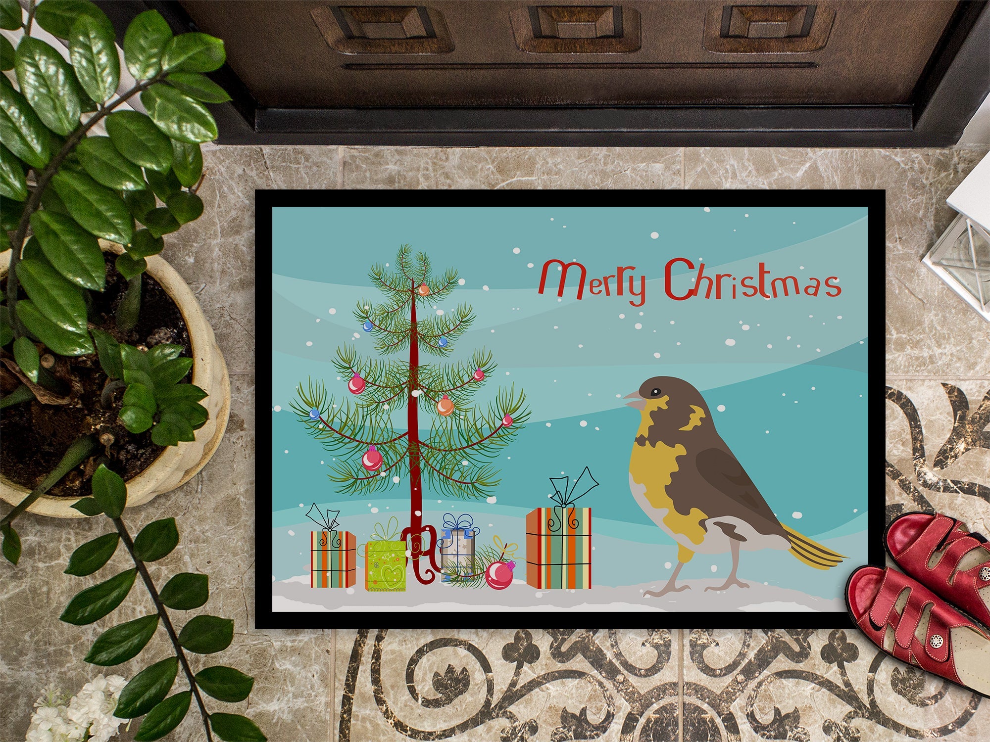 Spanish Canary Merry Christmas Doormat Indoor Outdoor 18H X 27W Front Door Mat Rugs for Entryway, Non Slip Washable