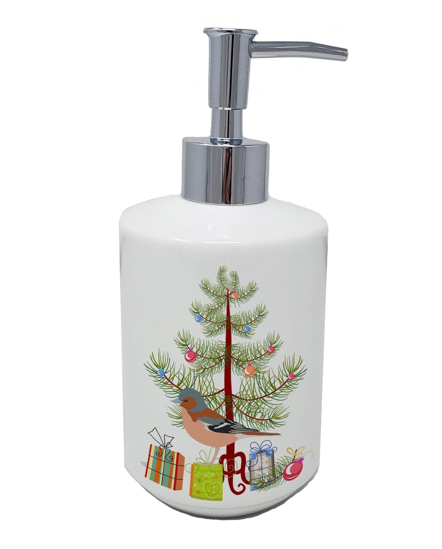 Finch Merry Christmas Ceramic Soap Dispenser , Empty Refillable Hand Soap Pump Bottle for Bathroom Kitchen