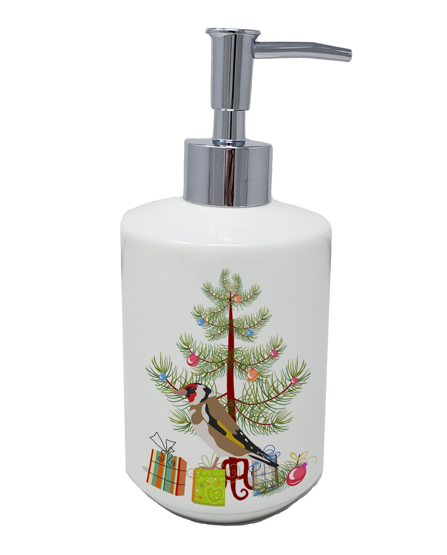 Gold Finch Merry Christmas Ceramic Soap Dispenser , Empty Refillable Hand Soap Pump Bottle for Bathroom Kitchen