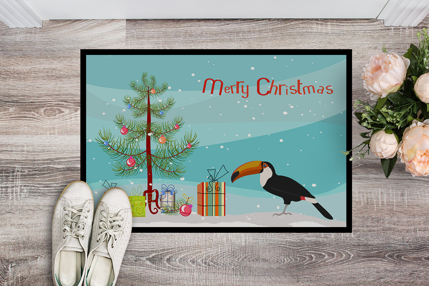 Toucan Merry Christmas Doormat Indoor Outdoor 24H X 36W Front Door Mat Rugs for Entryway, Non Slip Washable Low Pile,