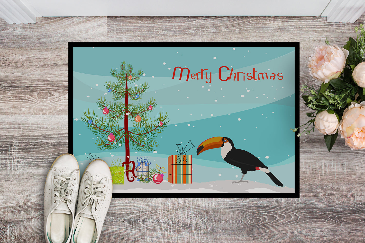 Toucan Merry Christmas Doormat Indoor Outdoor 18H X 27W Front Door Mat Rugs for Entryway, Non Slip Washable