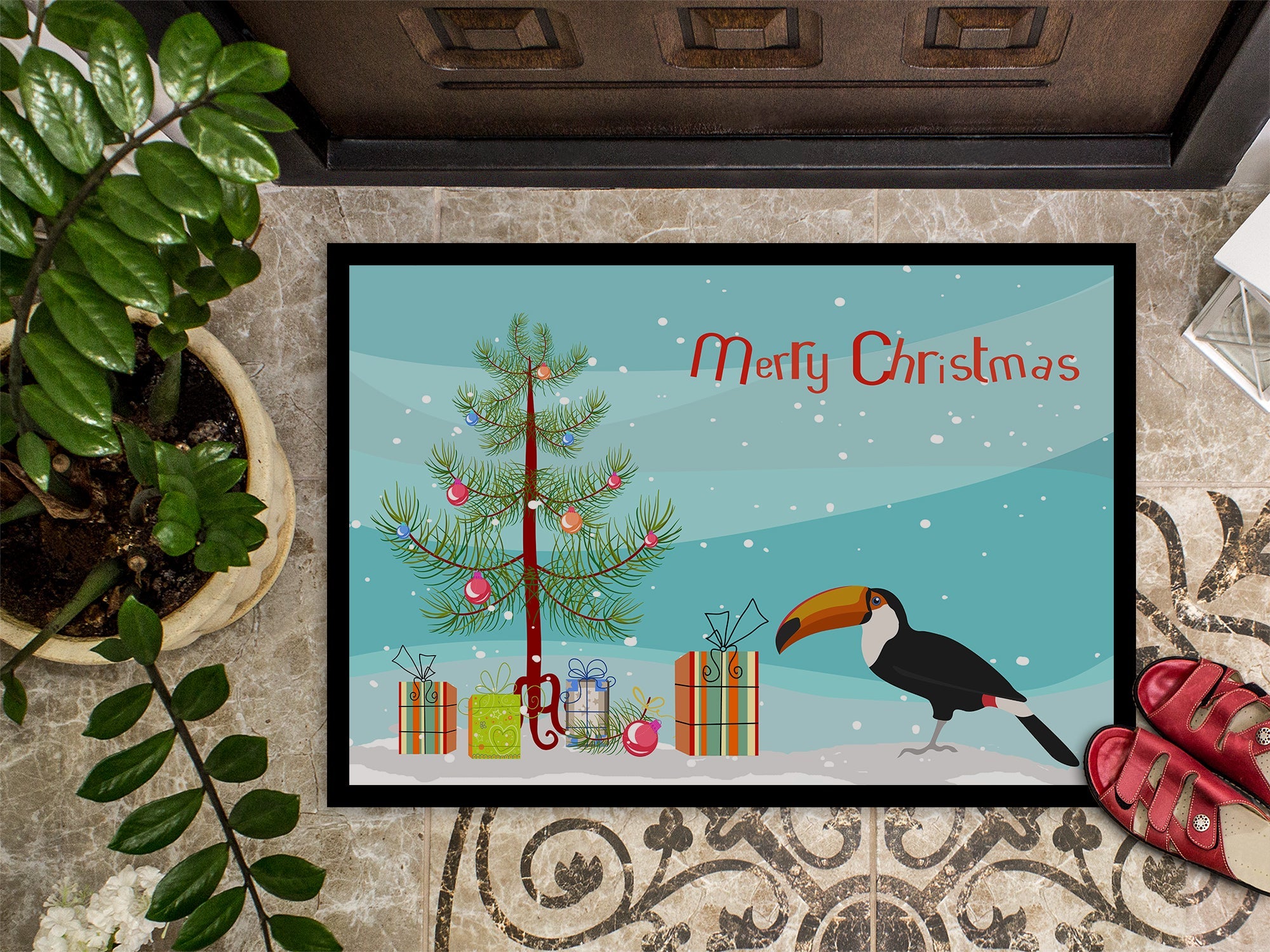 Toucan Merry Christmas Doormat Indoor Outdoor 18H X 27W Front Door Mat Rugs for Entryway, Non Slip Washable