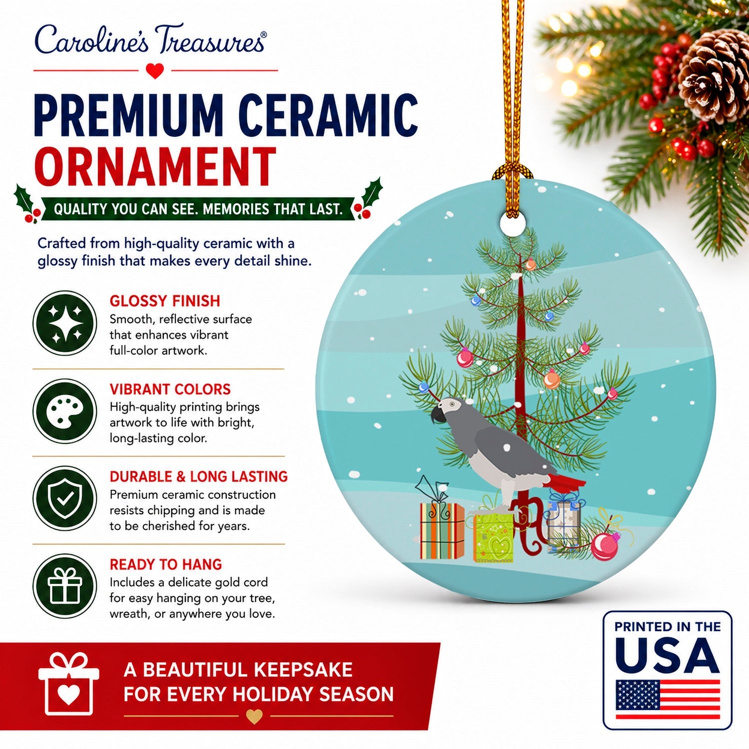 African Grey Parrot Merry Christmas Ceramic Ornament Christmas Tree Hanging Decorations for Home Christmas Holiday, Party, Gift, 3 in, Multicolor