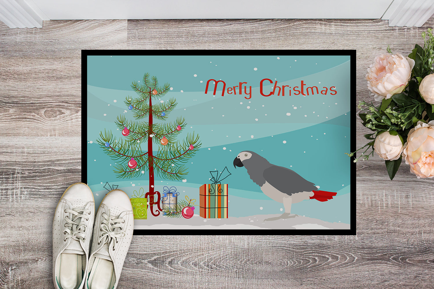African Grey Parrot Merry Christmas Doormat Indoor Outdoor 18H X 27W Front Door Mat Rugs for Entryway, Non Slip Washable