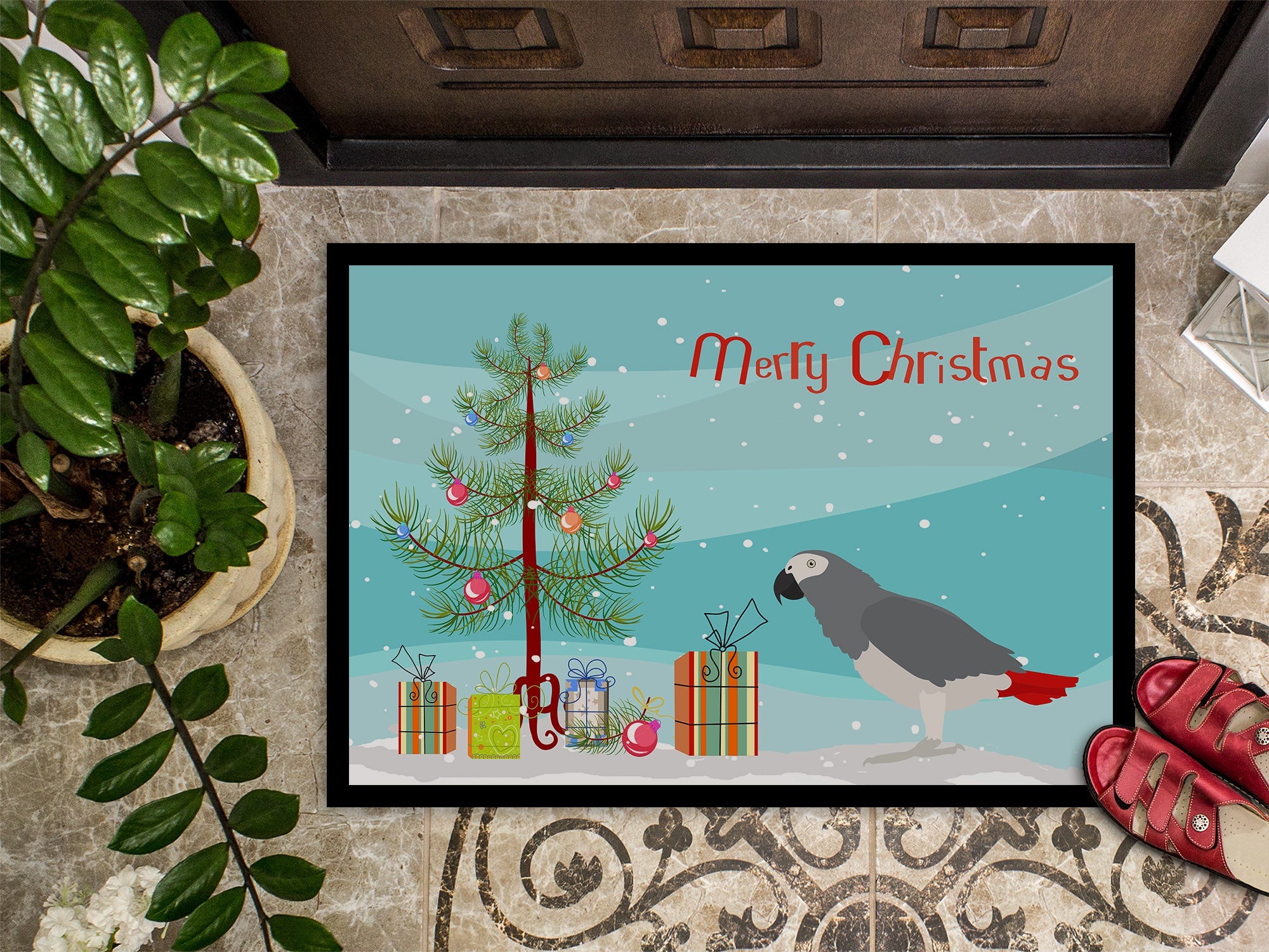 African Grey Parrot Merry Christmas Doormat Indoor Outdoor 18H X 27W Front Door Mat Rugs for Entryway, Non Slip Washable