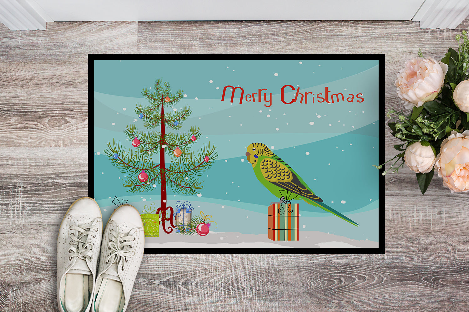 Budgerigar Merry Christmas Doormat Indoor Outdoor 24H X 36W Front Door Mat Rugs for Entryway, Non Slip Washable Low Pile,