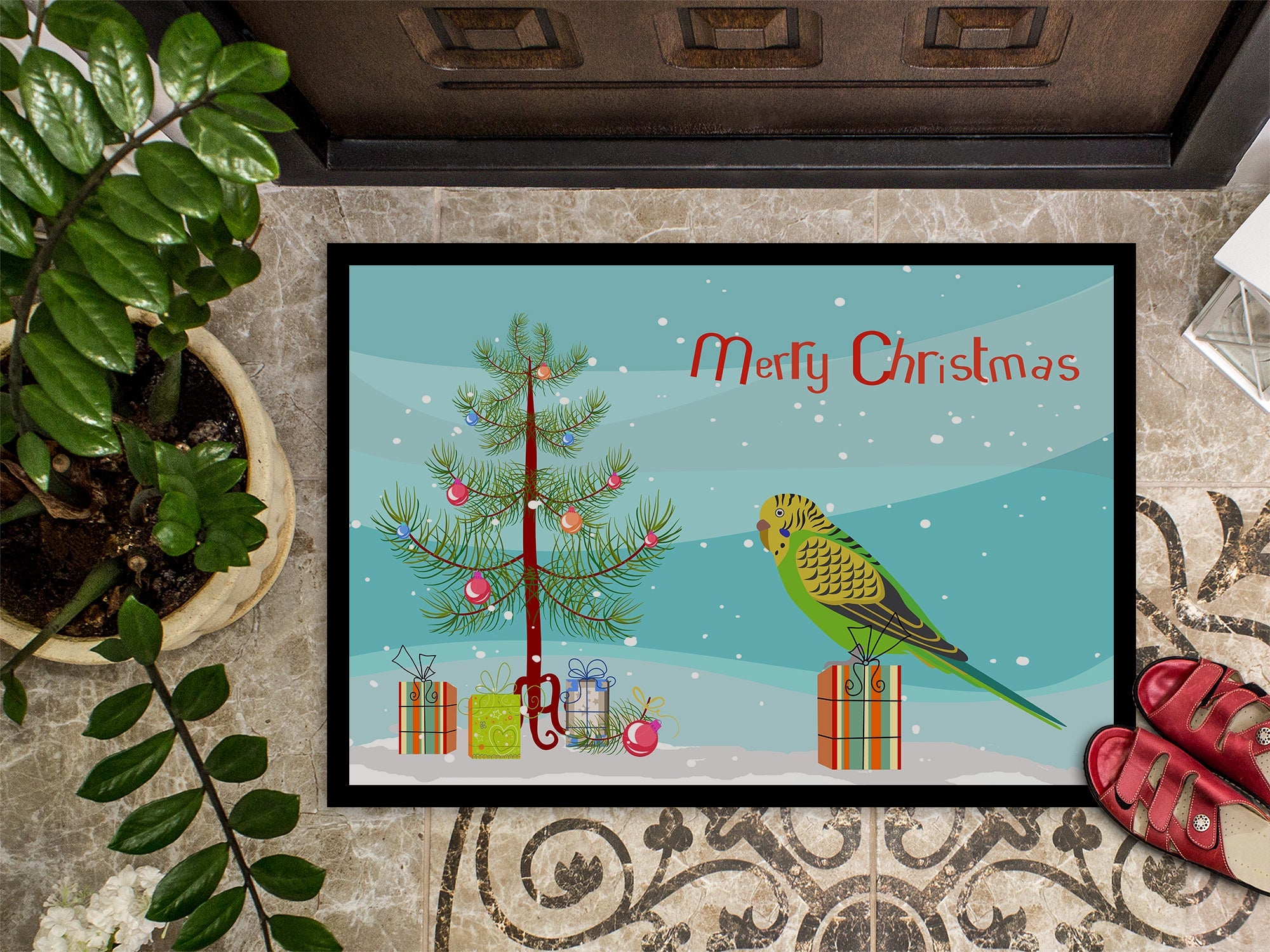Budgerigar Merry Christmas Doormat Indoor Outdoor 24H X 36W Front Door Mat Rugs for Entryway, Non Slip Washable Low Pile,