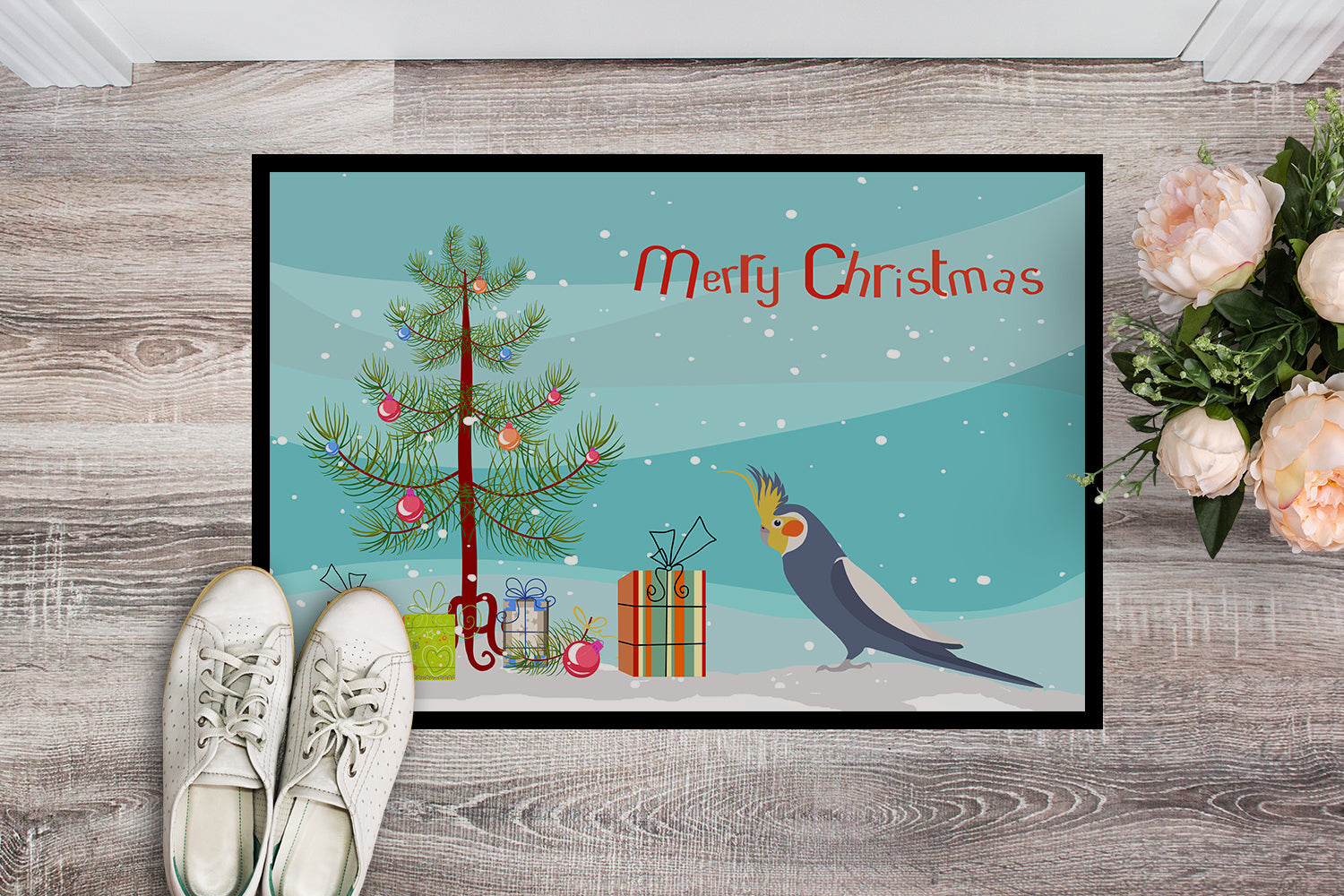 Cockatiel Merry Christmas Doormat Indoor Outdoor 24H X 36W Front Door Mat Rugs for Entryway, Non Slip Washable Low Pile,