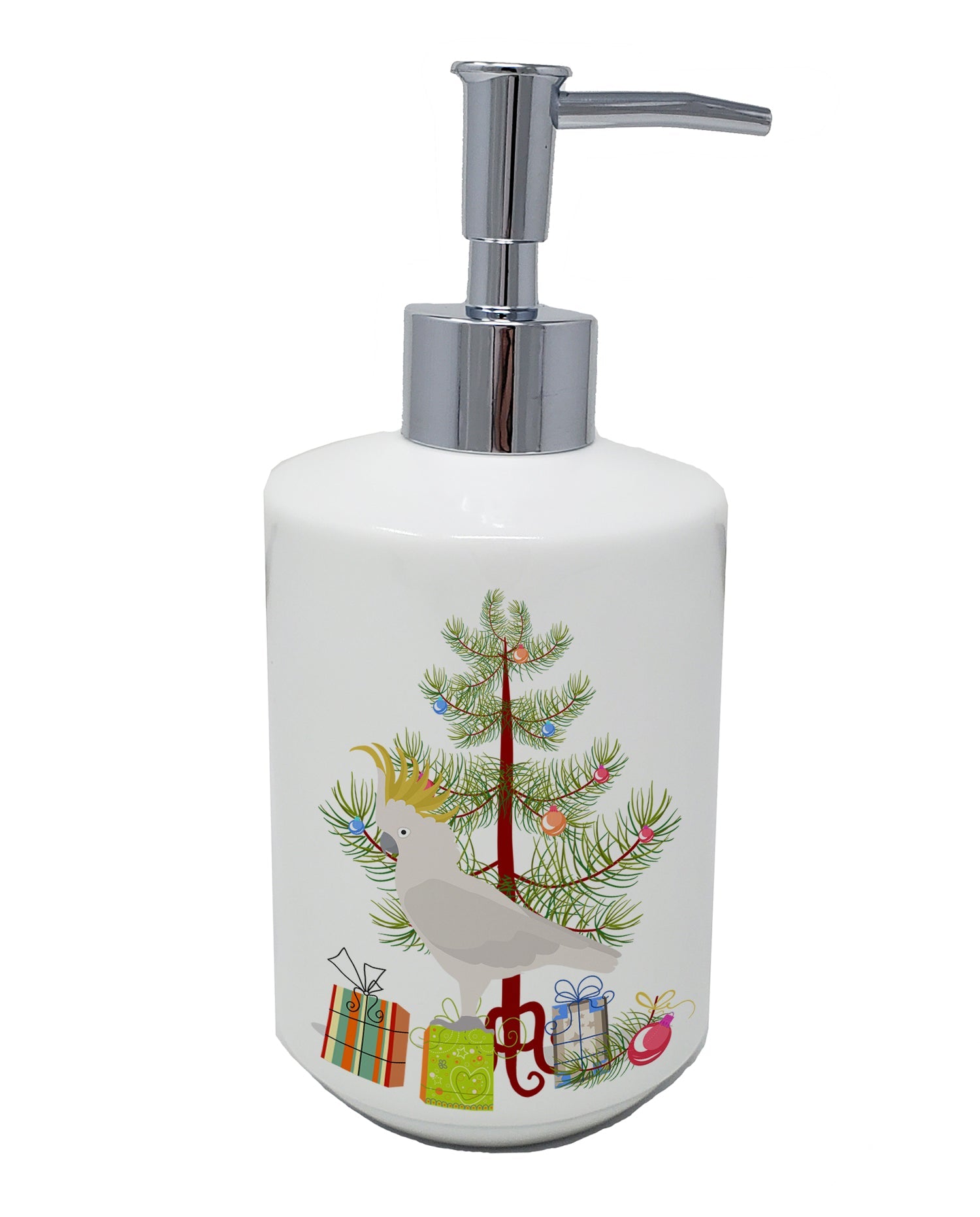 Cockatoo Merry Christmas Ceramic Soap Dispenser , Empty Refillable Hand Soap Pump Bottle for Bathroom Kitchen