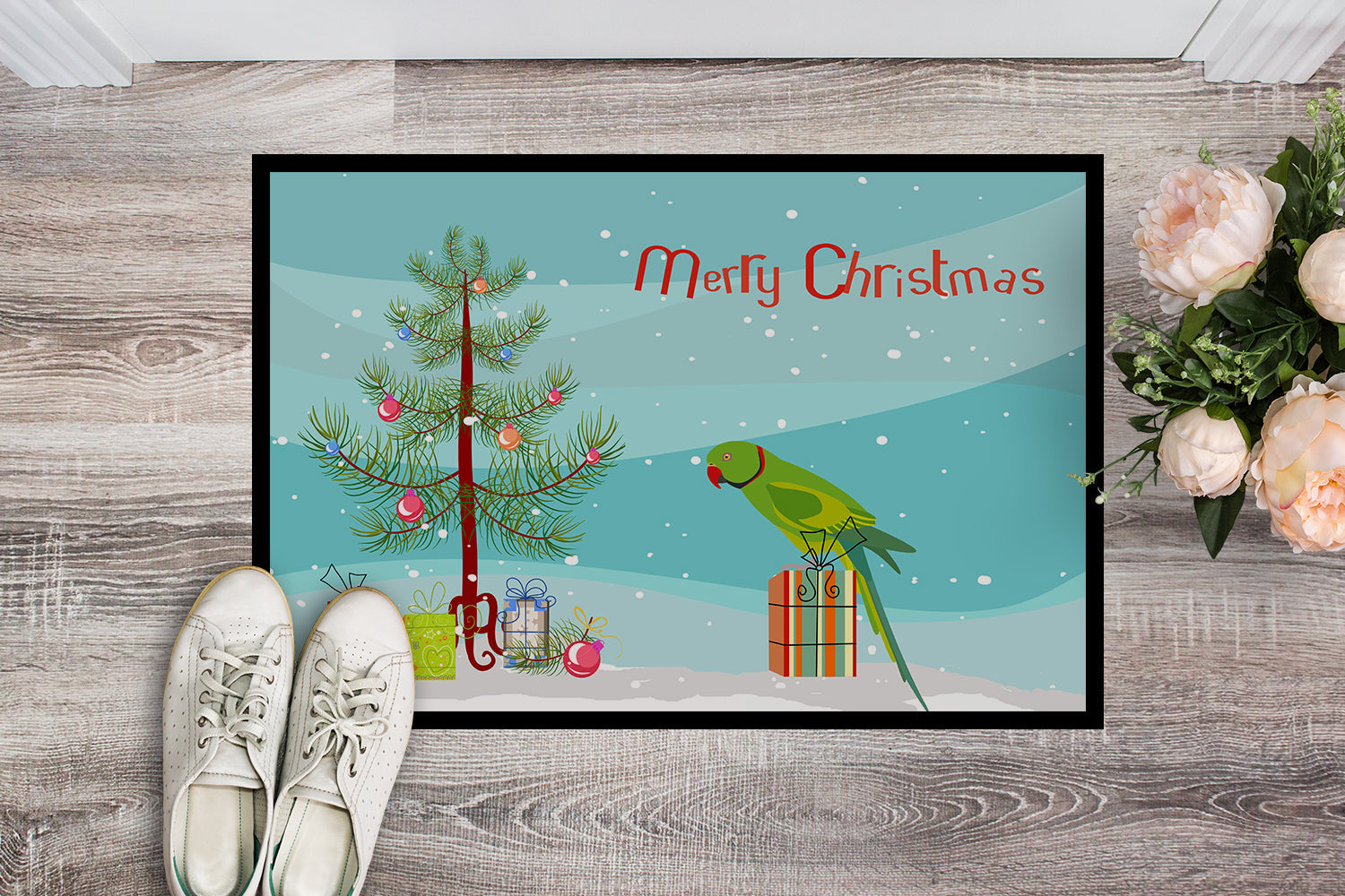 Ring-Necked Parakeet Merry Christmas Doormat Indoor Outdoor 24H X 36W Front Door Mat Rugs for Entryway, Non Slip Washable Low Pile,