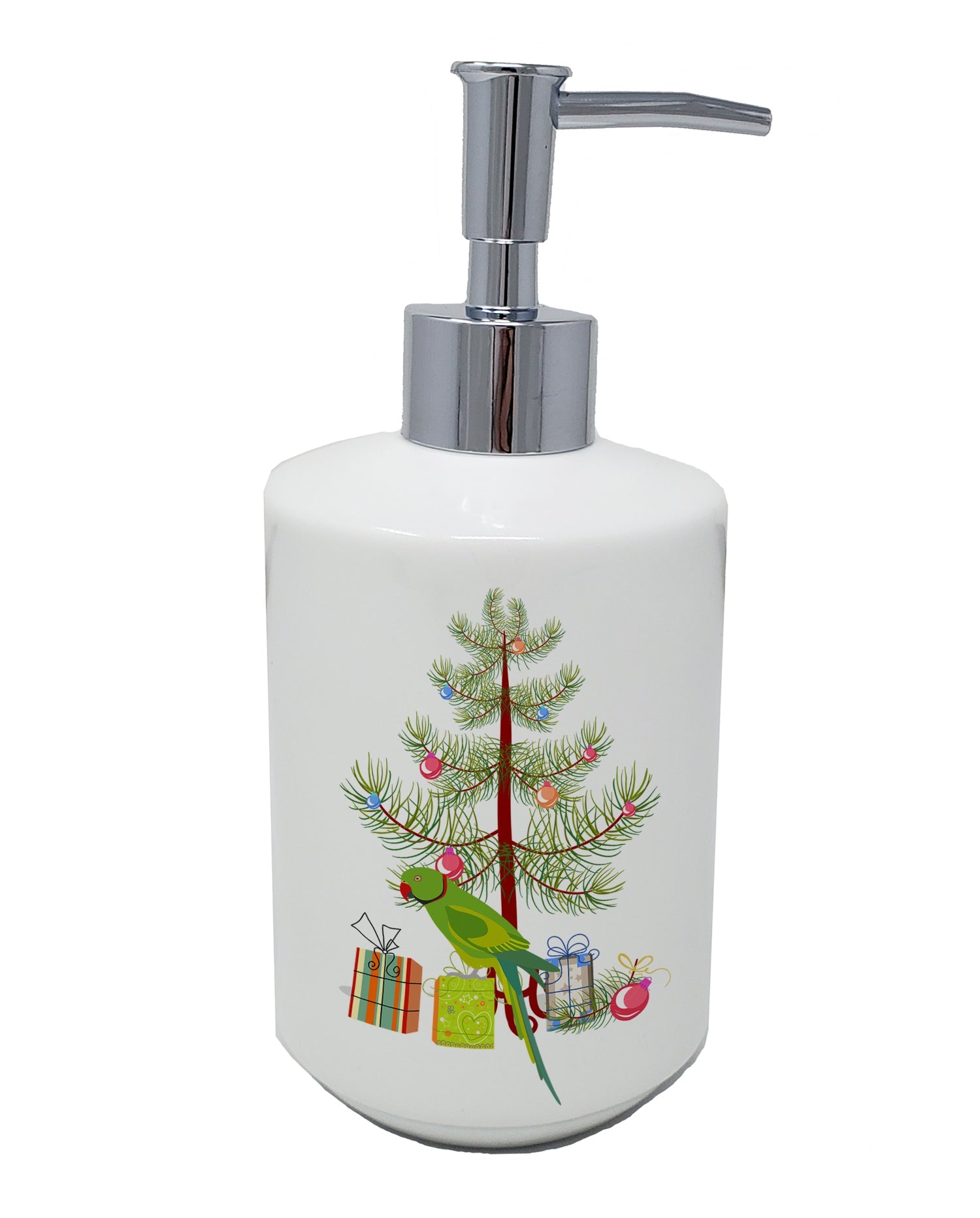 Ring-Necked Parakeet Merry Christmas Ceramic Soap Dispenser , Empty Refillable Hand Soap Pump Bottle for Bathroom Kitchen