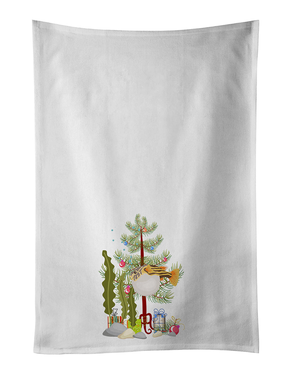 Puffer Fish Merry Christmas Kitchen Towel Set of 2 White Dish Towels Decorative Bathroom Hand towel for Hand, Face, Hair, Yoga, Tea, Dishcloth, 19 X 28", White